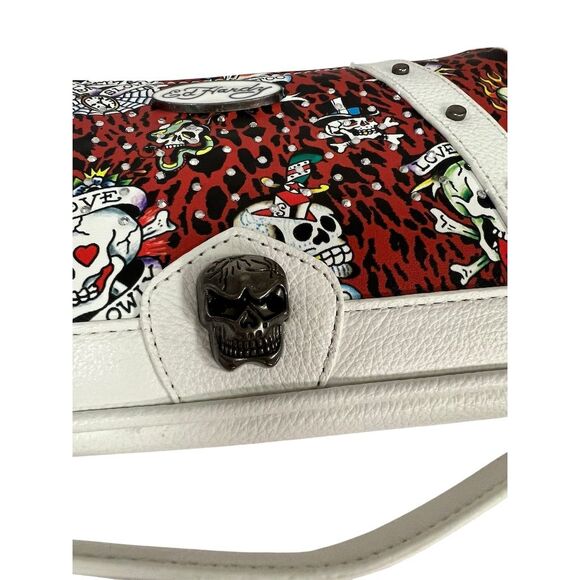 Ed Hardy Women's Red Cheetah Print Shoulder Bag with Skull Accents - Picture 3 of 6